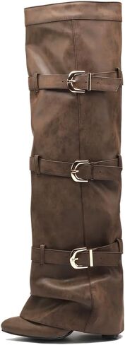 YIYA Women's Fold Over Knee High Boots with Buckle Pointed Toe Chunky High Heels Tall Boots in Saudi Arabia