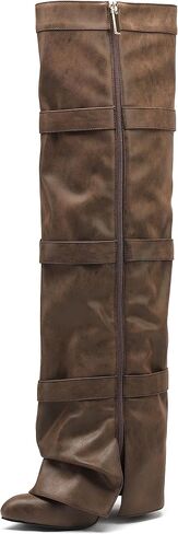 YIYA Women's Fold Over Knee High Boots with Buckle Pointed Toe Chunky High Heels Tall Boots in Saudi Arabia