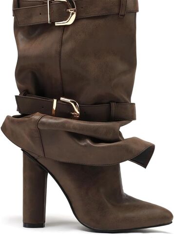 YIYA Women's Fold Over Knee High Boots with Buckle Pointed Toe Chunky High Heels Tall Boots in Saudi Arabia