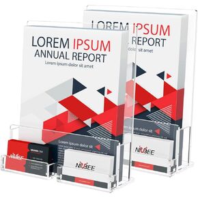 NIUBEE 2-Pack Acrylic Brochure Holder 8.5*11 inches , Clear Brochure Display Stand with Acrylic Business Card Holder, Plastic Flyer Display Stand for Magazine, Pamphlet, Booklets, Menu, Journals