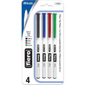 BAZIC Fiero Fiber Tip Pen, Fineliner Pens 0.4mm Blue Color Extra Fine Point, Writing Drawing for Graphic Office School (4/Pack), 1-Pack