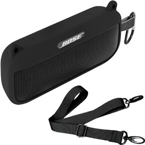 Geiomoo Silicone Carrying Case Compatible with Bose SoundLink Flex, Portable Cover with Carabiner and Shoulder Strap (Black)