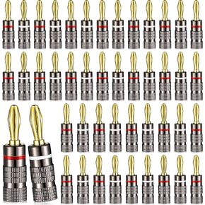 20 Pairs/ 40 Pcs Banana Plug Bulk for Speaker Wire Closed Screw 24K Gold Plated Banana Speaker Plug Connectors Dual Screw Lock Banana Connector for Audio Video Receiver, Wall Plate, Amplifier