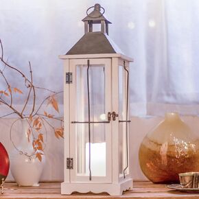 2 Pack 26in Farmhouse White Waterproof Wood Metal Decorative Lanterns with Remote Control, Timer, Tempered Glass, Flameless Pillar Candles, Decorative Lanterns for Home Decor, Front Porch, Wedding