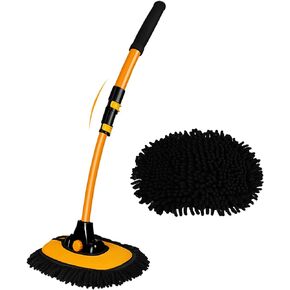 15° Bend Car Wash Brush with Long Handle Telescopic 43" Aluminum Microfiber Cleaning Supplies Truck SUV RV Boat Wheel Extension Pole Carwash Mop Duster Exterior Interior Detailing Scratch Free Remover