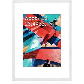 A1 Poster Frame,23.4x33.1in Natural Soild Wood White Picture Frames with Polished Plexiglass,Easy to Hang,Display Picture A1 without Mat or A2 with Mat for Wall Mounting Horizontally and Vertically