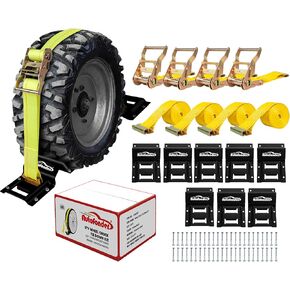 Wheel Chock Tie Down Kit (1,986lb Break Strength) Heavy Duty Trailer Tire Straps System for ATV, UTV, Lawn Mower & More - Ratchet Tie Downs Accessories with E Track for Four Wheeler
