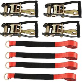munirater Universal Red Rim Tie Down Set Wheel with Snap Hook Ratchets Straps Heavy Duty Adjustable 4 Straps 3300 Pound Working Load for Pickups SUV ATV Trailer Device Fixing