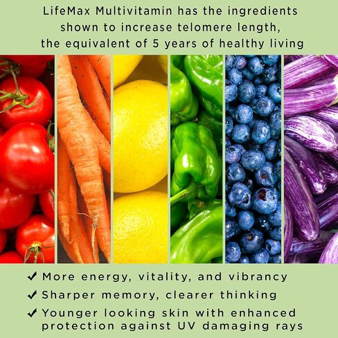 LifeMax Multivitamin: فيتامينات متعددة للبالغين مع حماية التيلومير، مضادات الأكسدة الطيفية، طيف ثوري كامل لمكافحة الشيخوخة، العيش لفترة أطول، صحة القلب. 60 كبسولة نباتية (كمية تكفي لمدة 30 يومًا) in Kuwait