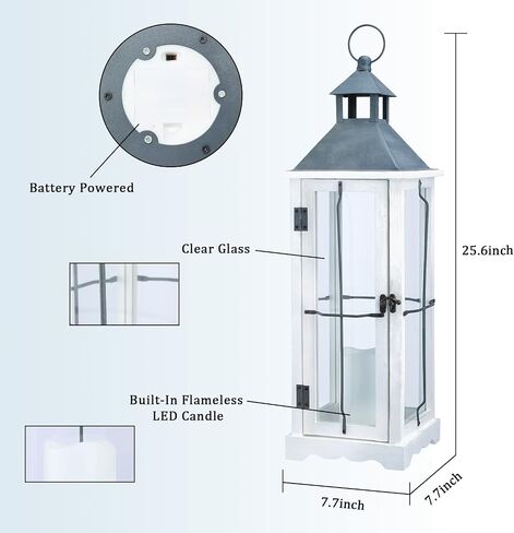 2 Pack 26in Farmhouse White Waterproof Wood Metal Decorative Lanterns with Remote Control, Timer, Tempered Glass, Flameless Pillar Candles, Decorative Lanterns for Home Decor, Front Porch, Wedding in Saudi Arabia