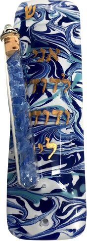 Wedding Mezuzah - I Am My Beloved's and My Beloved is Mine - Gift Box and Non Kosher Scroll Included (Marbled Blue & White) in Saudi Arabia