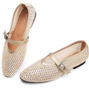 Women's Fishnet Mesh Ballet Flats with Buckle, Slip-On Dress Mary Jane Flats for Women, Elegant Lightweight Ballerina Shoes, Breathable Comfortable Wedding Party Shoe, Stylish Casual Footwear
