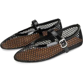 DOEYG Black Mesh Ballet Flats for Women Round Toe Mesh Ballerina Flat Shoes Buckle Strap Mesh Mary Jane Comfortable Casual Dressy Summer Fishnet Shoes US Size 8