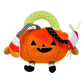 Halloween 5 inch Plush Activity Toy with Crinkle, Rattle, Teether for Baby, Orange Pumpkin Jack-o-Lantern with Candy Pieces