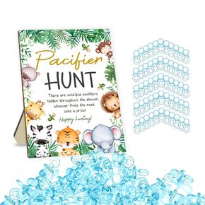 Pacifiers Baby Shower Games Set, Includes Pacifier Hunt Sign and 50Pcs Blue Mini Pacifier, Cute Animals Theme Decor Baby Pacifier Hunt Sign, Gender Reveal Activities Games for Boys