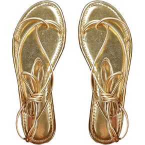 GORGLITTER Women's Gold Metallic Lace Up Sandals Strappy Open Toe Thong Tie Up Slides