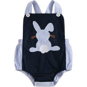 Easter Outfit Baby Boy Girl Sleeveless Bunny Embroidery Striped Suspender Romper Overalls One Piece Clothes Summer