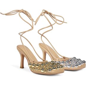 Saint Leia Women's 4IN High Heel Sandals Nude Stiletto Pumps with Gold Silver Pearls Heels for Weddings Parties and Evening Wear