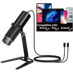 Digital USB Microscope Camera for iPhone iPad Android Phone Tablet, 50 to 1000X Mobile Coin Adult Student Kid Scope Jewelers Loupe 1920x1440P Recording with Metal Stable Stand - Not for PC