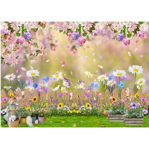 Dudaacvt 7x5FT Spring Easter Backdrop Spring Pink Flowers Photography Backdrop Easter Green Lawn Natural Scenery Background for Kids Baby Shower Birthday Party Decor