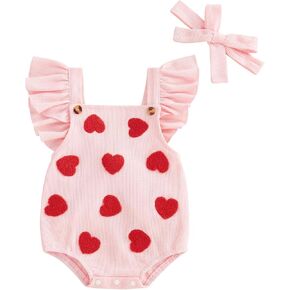 Newborn Infant Baby Girl Summer Clothes Heart Embroidery Waffle Knit Romper Ruffle Sleeveless Bodysuit Jumpsuit