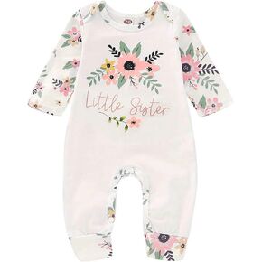 RCPATERN Baby Girl Clothes Newborn Little Baby Sister Romper Long Sleeve Floral One-Piece Overall Jumpsuit Letter Printed Outfit Bodysuit(size90/6-9Months)