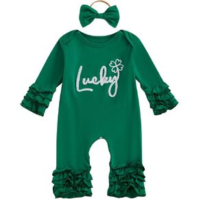 Newborn Baby Girl St Patricks Day Outfit Ruffle Jumpsuit Long Sleeve Clover Romper + Headband Lucky Charm Clothes