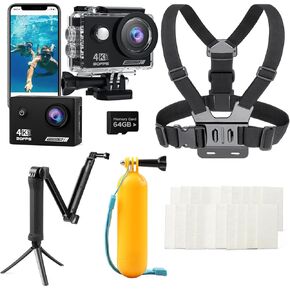 4K Action Camera with Floating Handle Grip/Selfie Stick Tripod Kit 2-in-1/Chest Harness/20*Anti Fog Inserts Drying