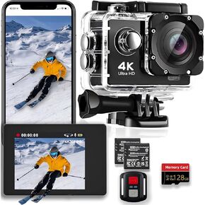 4K 30FPS WiFi Action Camera- 98FT Waterproof Ultra HD Underwater Camera, 170° Wide Angle 2.0" Screen, Sports Camera with 2 Batteries, 128GB Memory Card, Mounting Accessories Kit