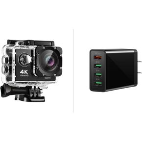 Pro Xtreme 4K Action Camera - Ultra HD Waterproof Camera Video Camera with Wi-Fi, 170° Wide Angle Lens, Ulti Charger 4 Ports with Quick Charger Boltz Pro Lightning Fast Charger Fast Charging Block for