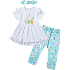 LATOBREATH Baby Girls Toddler Happy Easter Bunny Outfit Short Sleeves Set