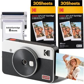 KODAK Mini Shot 2 Retro 4PASS 2-in-1 Instant Digital Camera and Photo Printer (2.1x3.4 inches) Initial 8 Sheets + 60 Sheets Bundle, White