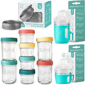 Newborn Essentials Bundle | Complete Baby Glass Bottle & Breastmilk Storage Kit | 4oz & 8oz Mason Jars w/Lid + Slow Flow Nipples for 0-3 Months + Plastic Mason Jar Rings & Caps + Silicone Sleeves