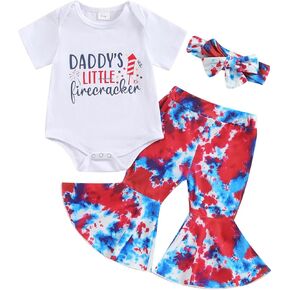 Rtnnsbbfcm Newborn Baby Girl 4th Of July Outfit Short Sleeve Letter Print Romper Top Flare Pants Headband 3Pcs Set