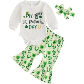 Newborn Baby Girl St Patricks Day Outfit Letter Print Long Sleeve Romper Clover Bell Bottom Pants Headband Set