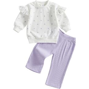 Toddler Girl Outfits Heart Print Ruffle Long Sleeve Sweatshirt and Elastic Waist Pants Set Infant Girl Spring Clothes