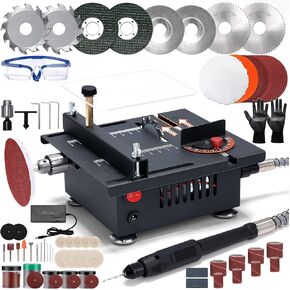Table Saw, Aboofx 100w Mini Desktop Electric Saw Cutter Speed Angle Adjustable 16mm Cutting Depth, Seven Speed Adjustable Power Supply, Portable Small Table Saw with Glove And Glasses for Craft