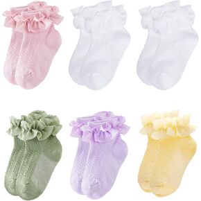 6 Pairs Toddler Girls Ruffle Socks Cotton Girls Lace Frilly Dress Socks