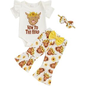 TheFound Infant Baby Girls Summer Clothes Short Sleeve Letter Print Romper Boot Print Flare Pant Headband Newborn Baby Outfit