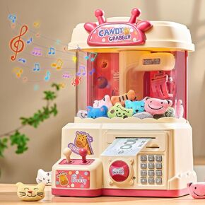 Large Claw Machine for Kids, Claw Machine Toy with Piggy Bank, with Music & Light, Party Birthday for 3-14 Boys Girls Gift, 10 Mini Plush Toys, 5 Game Bank Notes, 10 Game Coin,Pink