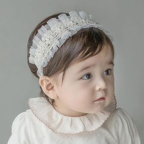 Baby Girl Lace Headbands with BowKnot Flowers Christening Baptism Headband Elastic Floral Hairbands Soft Lace Hair Accessory Newborn Infant Toddler for Birthday Party (Pearl Wide, One Size)