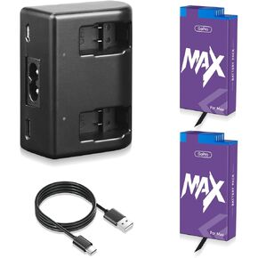 2 Pack 1860mAh Battery Replacement with LED Dual Slot Charger for Gopro Max 360 ACDBD-001 ACBAT-001 Battery Charger Kit Sport Camera Accessories