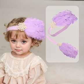 Stretchy Baby Girls Feather Headband Pearl Beads Fabric Flower Elastic Toddler HairBands Birthday Party Princess Hair Accessoties for Newborn Infant (Pink A, Standard Small)