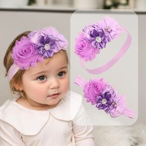 Baby Girls Rose Flower Headband Crystal Crown Fabric Flower Elastic Toddler HairBands Birthday Party Princess Hair Accessoties for Newborn Infant (Purple B, Standard Small)