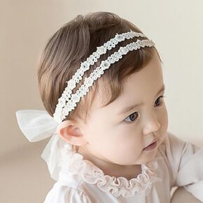 Baby Girl Lace Headbands with BowKnot Flowers Christening Baptism Headband Elastic Floral Hairbands Soft Lace Hair Accessory Newborn Infant Toddler for Birthday Party (White, One Size)