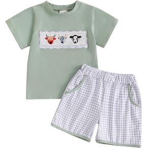 Toddler Baby Boy Farm Outfits Embroidery Cow Short Sleeve T Shirts and Striped Shorts Sets 2Pcs Summer Clothes Set