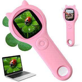 Microscope for Kids 8-12,Kids Microscope Handheld,2 Inch Pocket Microscope for Kids,STEM Educational Science Kit with 500x Magnification,4X Zoom, Birthday Gifts Toys for Boys Girls Ages 3-12,Pink