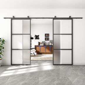 BARNSMITH 64in x 84 in Double Glass Barn Door with 11FT Top Mounted Hardware kit Soft Close, Black Carbon Steel Tempered Frosted Glass Sliding Interior Double Barn Door