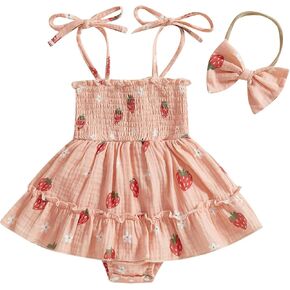 Sasaerucure Newborn Infant Baby Girl Smocked Bubble Romper Dress Summer Sleeveless Strap Onesie Pink Strawberry Bodysuit +Bow