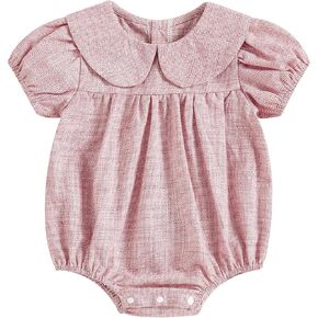 KMBANGI Newborn Baby Girl Clothes Short Sleeve Doll Collar Plaid Romper Bubble Smocked Bodysuit Infant Princess Summer Outfit
